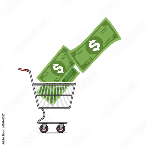 Money going away from grocery cart on a white background, car for cash concept. icon style, sticker, illustration, vector, cartoon, EPS 10.  