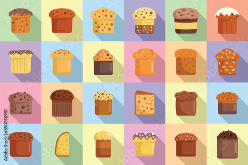 Panettone icons set flat vector. Bake food. Slice cake