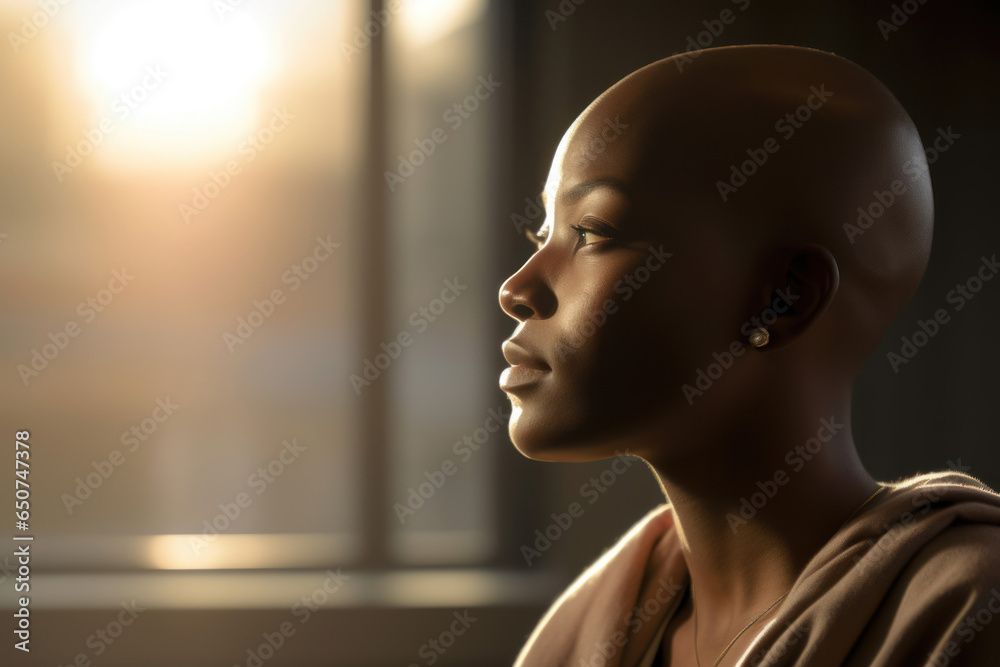 Calm and centered, serious African American Woman undergoing chemotherapy, cancer treatment, remission.  Portrait of bald woman in the hospital. Hospice patient, pain, palliative care. - obrazy, fototapety, plakaty 