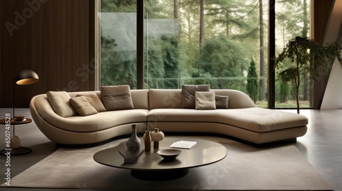 A curved modern sofa and chair gives two people the opportunity to sit separately but still feel like they are next to each other. The shape of a curved sofa is softer and less formal