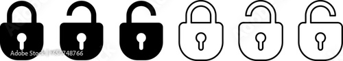 Lock icon set. Locked and unlocked black line icon set on transparent background. Flat security icons. Vector illustration EPS 10
