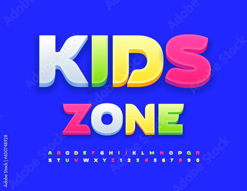 Vector colorful poster Kids Zone. Bright 3D Font. Creative Alphabet Letters and Numbers set