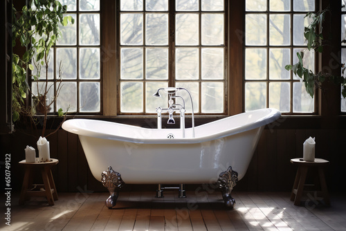 A luxurious milk bath prepared in an elegant clawfoot tub, designed to provide relaxation and skin nourishment