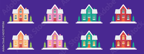 A set depicting fabulous winter houses in the snow. Vector illustration.