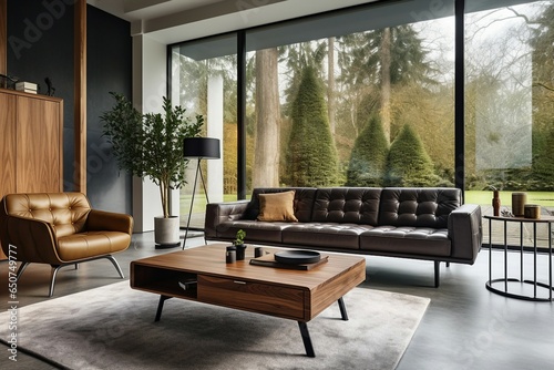 A gray fabric sofa harmonizes with a wooden table in the interior design of a modern living room