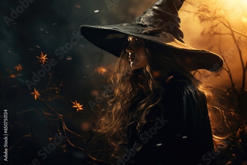 Magic gothic enchanted witch woman evil fairy girl magician wearing dress and hat in Happy Halloween spooky scary fantasy fall scene with full moon creepy horror night light background. Copy space.