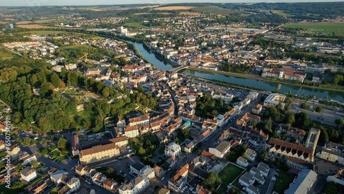 Aerial of the old town around the city Chateau-Thierry in France