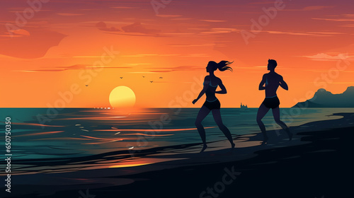 woman and man running on thet sunset illustration