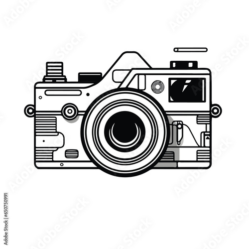 A camera is outline in black on white background, in the style of captivating