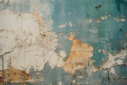 Weathered Wonders: A close-up of a wall showcasing the effects of time, with chipped dark green and blue paint, and plaster patches telling tales of past repairs 