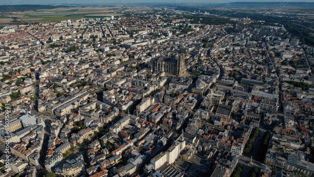 Aerial around the city Reims in France on a sunny day
