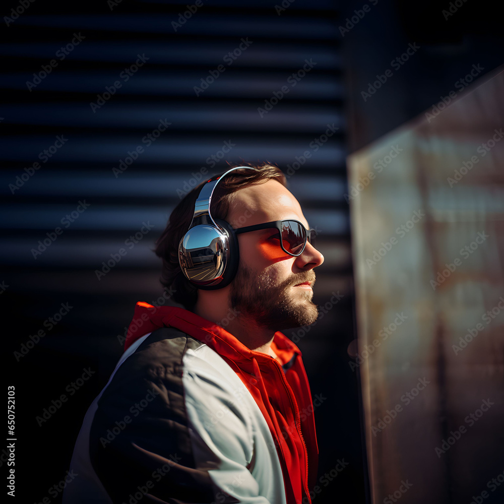Side profile of man wearing headphones walking down a city street Side profile of man wearing headphones walking down a city street