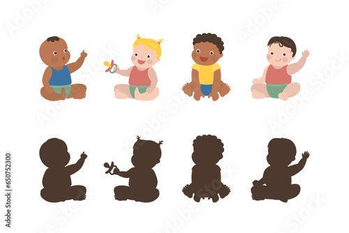 Set of sitting multiethnic newborn babies. Small children with various toys and items. Childhood, infant characters, funny little multicultural kid boys and girls.