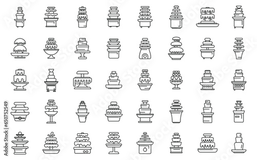 Chocolate fountain icons set outline vector. Candy delicious. Waterfall fruit