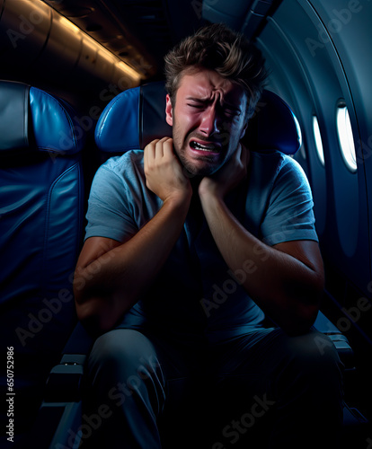 Scared man with a fear of flying, inside the cabin of a commercial jet airplane Shallow field of view.