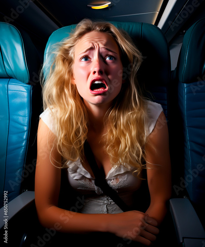 Scared woman with a fear of flying, inside the cabin of a commercial jet airplane Shallow field of view.