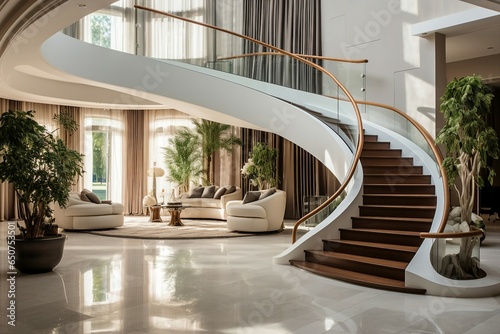 Modern villa entrance hall with a stylish staircase.