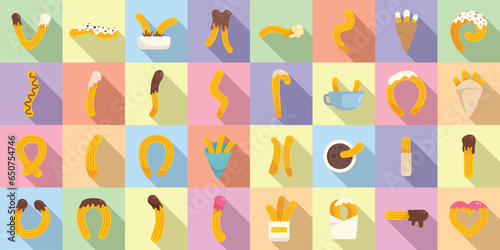 Churros icons set flat vector. Chocolate food. Spain biscuit
