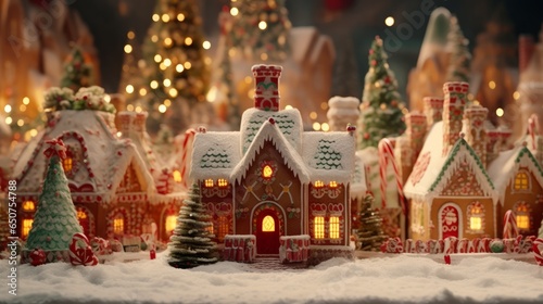 A festive gingerbread house surrounded by beautifully decorated Christmas trees photo