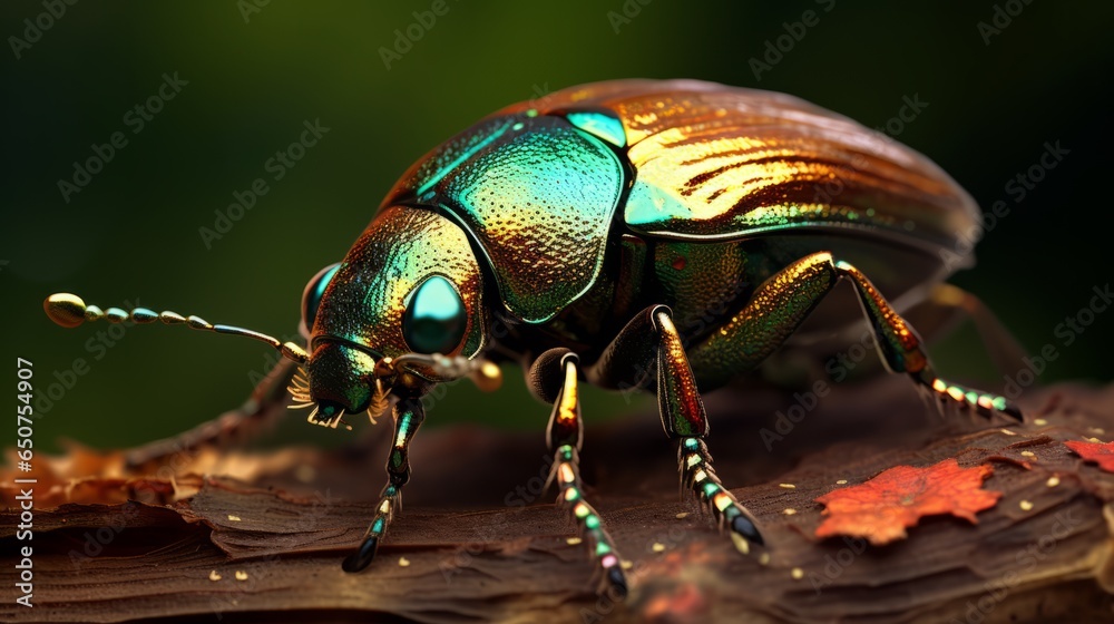 A vibrant beetle perched on a lush green leaf A vibrant beetle perched on a lush green leaf