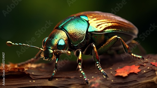 A vibrant beetle perched on a lush green leaf