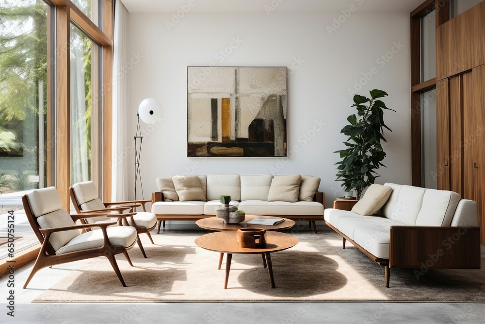 A mid century interior design within a modern living room adorned with a white sofa and wooden chairs. A mid century interior design within a modern living room adorned with a white sofa and wooden chairs.