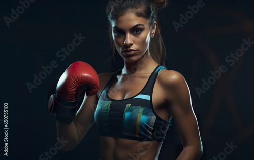 Determined boxer woman focused on the sport. Beautiful female boxer in avant-garde pose exuding confidence and strength.
