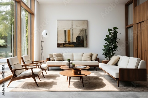 A mid century interior design within a modern living room adorned with a white sofa and wooden chairs.