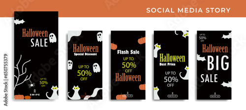 Set 5 of Social Media Networks Stories Halloween banner sale Background, Mobile App, Poster, Flyer, Coupon,Smartphone Advertisement Template Story,Liquid Abstract Modern. editable template eps 10