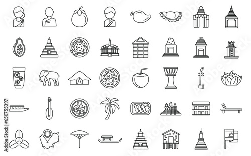 Cambodia icons set outline vector. Asia map. Travel landmark