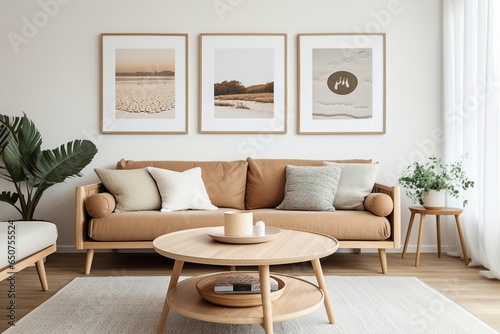 A round wooden coffee table positioned near beige sofas against a white wall adorned with posters, illustrating the Scandinavian style in the interior design of a modern living room. © Md Shahjahan