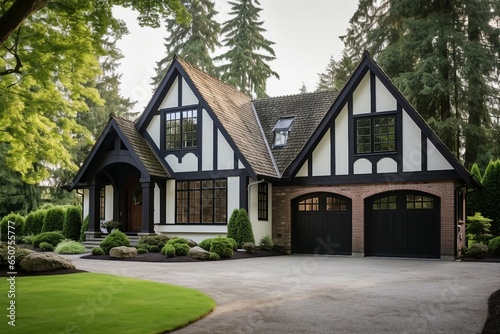 Tudor style family house exterior featuring a gable roof and timber framing, with wooden garage doors enhancing the charm of this cottage.