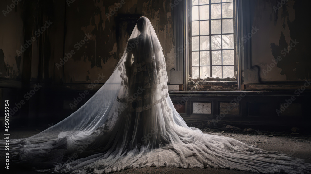 spooky bride ghost in a white dress with a long white veil in the abandoned mansion, spooky atmosphere - obrazy, fototapety, plakaty 