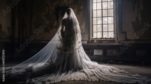 spooky bride ghost in a white dress with a long white veil in the abandoned mansion, spooky atmosphere photo