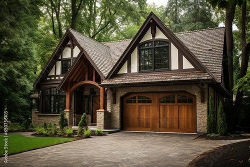 Tudor style family house exterior featuring a gable roof and timber framing, with wooden garage doors enhancing the charm of this cottage.