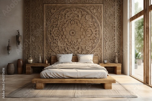 A Moroccan wall hanging serves as an enchanting focal point above a wooden bed, capturing the essence of bohemian or eclectic interior design in a modern bedroom.