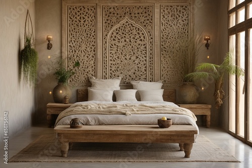 A Moroccan wall hanging serves as an enchanting focal point above a wooden bed, capturing the essence of bohemian or eclectic interior design in a modern bedroom.