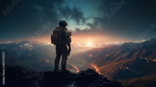  soldier standing on a mountain and up the sky is a beautiful galaxy. Generative AI 