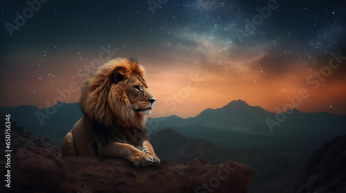 lion sitting on a mountain and up the sky is a beautiful galaxy. Generative AI 