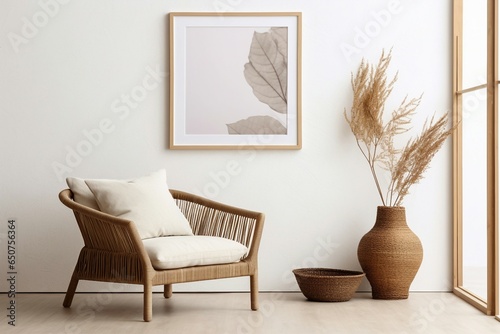 A wicker chair and floor vases thoughtfully arranged by a white wall adorned with a blank mockup poster frame, exemplifying the boho interior design of a modern living room.