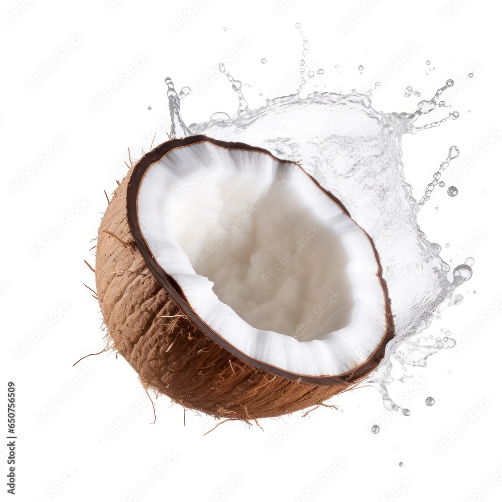 Juicy coconut floating in water isolated on white background