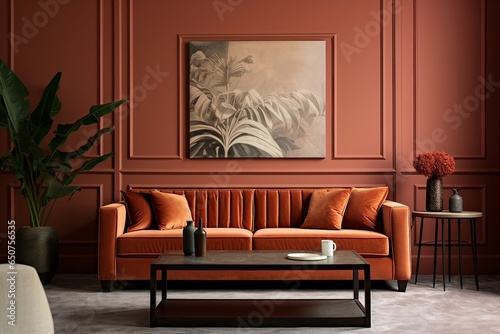 The mid-century interior design of the modern living room features a terra cotta velvet sofa set against a wainscoting paneling wall. © Md Shahjahan