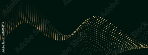 Abstract halftone flowing wavy golden gradient dots shape isolated on black background. Digital future technology concept. Design for web design, music, cover, technology, science, data