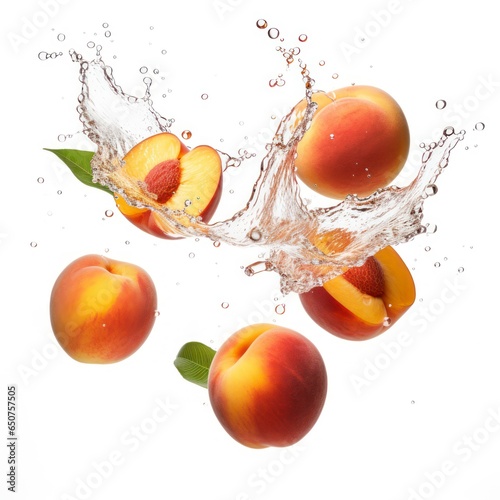 Floating peaches isolated on a white background