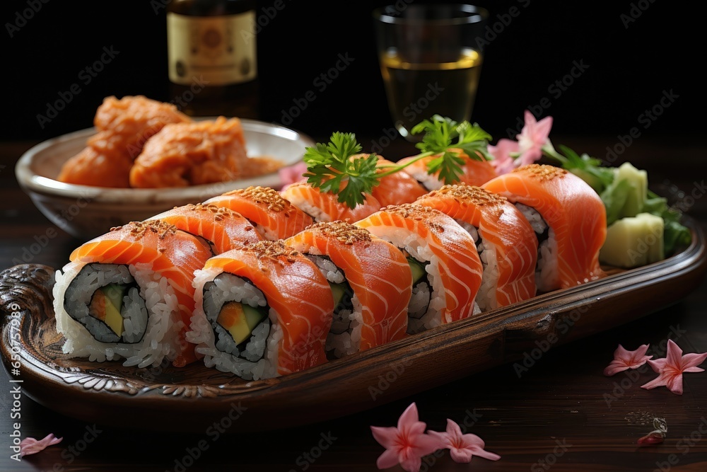 Sushi rolls in a plate. Sushi menu. Japanese food. Sushi rolls in a plate. Sushi menu. Japanese food.