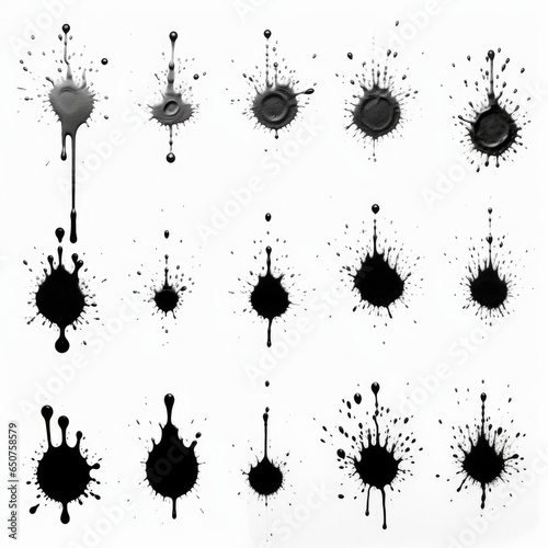Set of drops of black paint isolated on white background. Collection of Ink splashes and blots close-up.