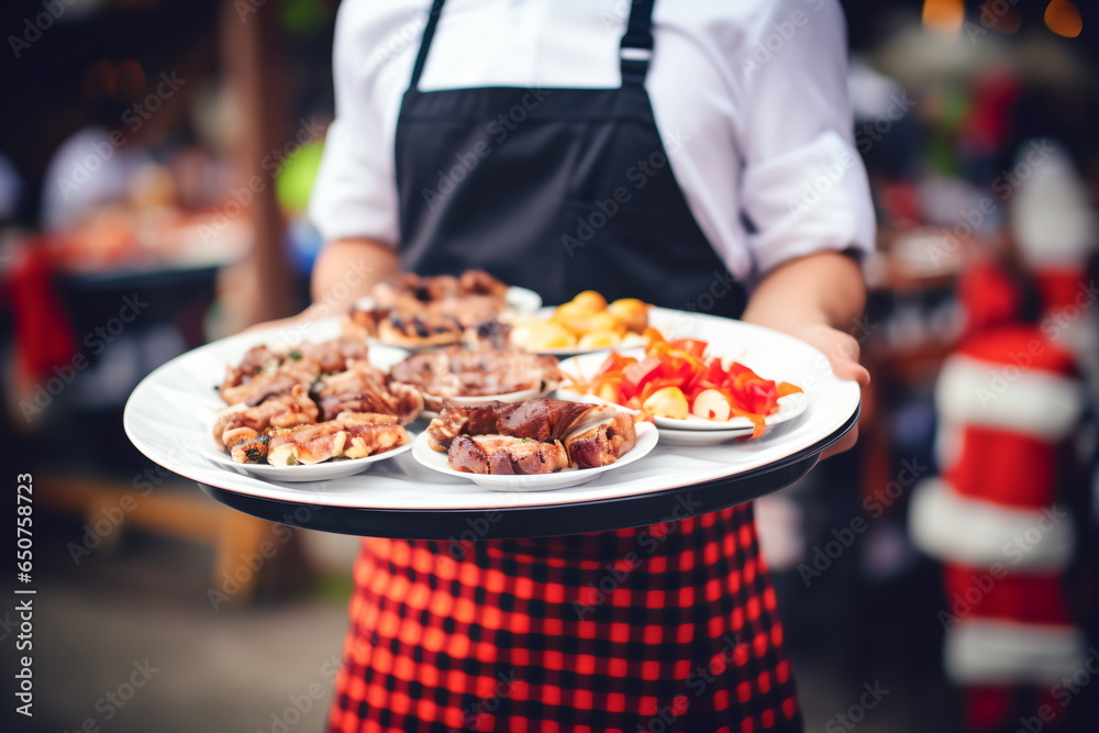 Hand of waiter from restaurant with a terrace on the beach with a view of the turquoise sea carries heavy plates with hamburgers for guests.