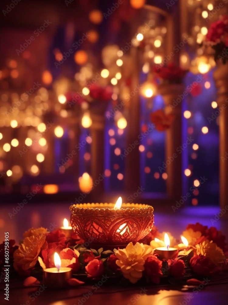 Diwali festival of lights, home decorated with artificial lights, lamps and artificial .flowers. Generative AI.
