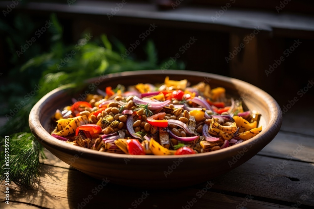 Burdock root salad, mixed with strips of bell peppers and canned chickpeas, on a rustic wooden table with natural lighting Burdock root salad, mixed with strips of bell peppers and canned chickpeas, on a rustic wooden table with natural lighting