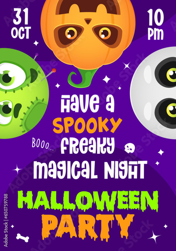 Halloween party flyer with cartoon holiday monster heads. Vector invitation banner with spooky pumpkin, skull and voodoo doll faces invite for spooktacular night celebration, filled with eerie fun